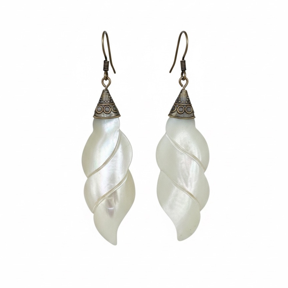 Vintage Carved Mother of Pearl Spiral Wing Drop Earrings - Picture 3 of 15